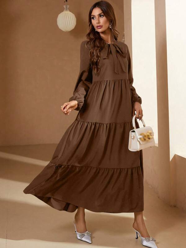 Mulvari Solid Color Front Tie Long Sleeve Ruched Minimalist Long Dress - Casual Daily Wear , Brown Maxi Women Outfit