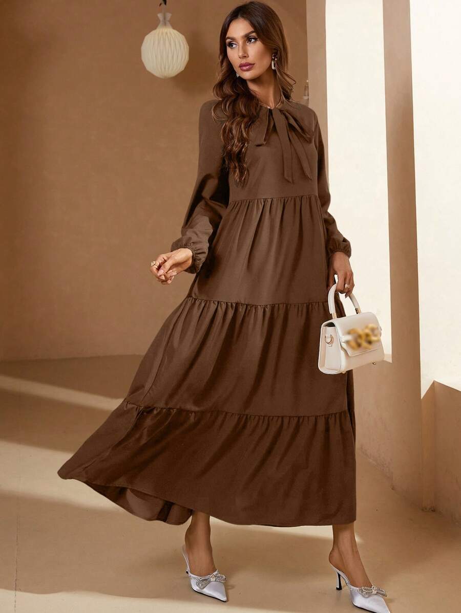 Mulvari Solid Color Front Tie Long Sleeve Ruched Minimalist Long Dress - Casual Daily Wear , Brown Maxi Women Outfit Fall Cloth For Women - Brown - View 1
