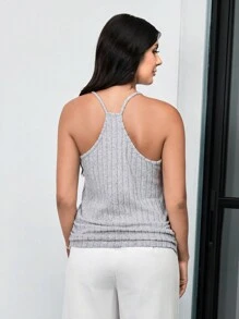 SHEIN LUNE 女士休闲花卉毛绒罗纹圆领背心 - 灰色 - 查看 2