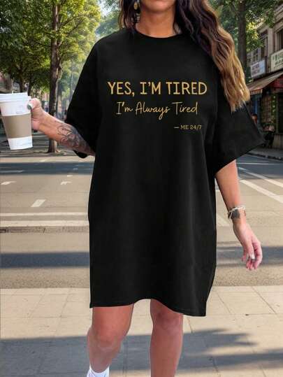 SHEIN LUNE Plus Size Women Letter Print Casual Fashion T-Shirt Dress, Black For Summer