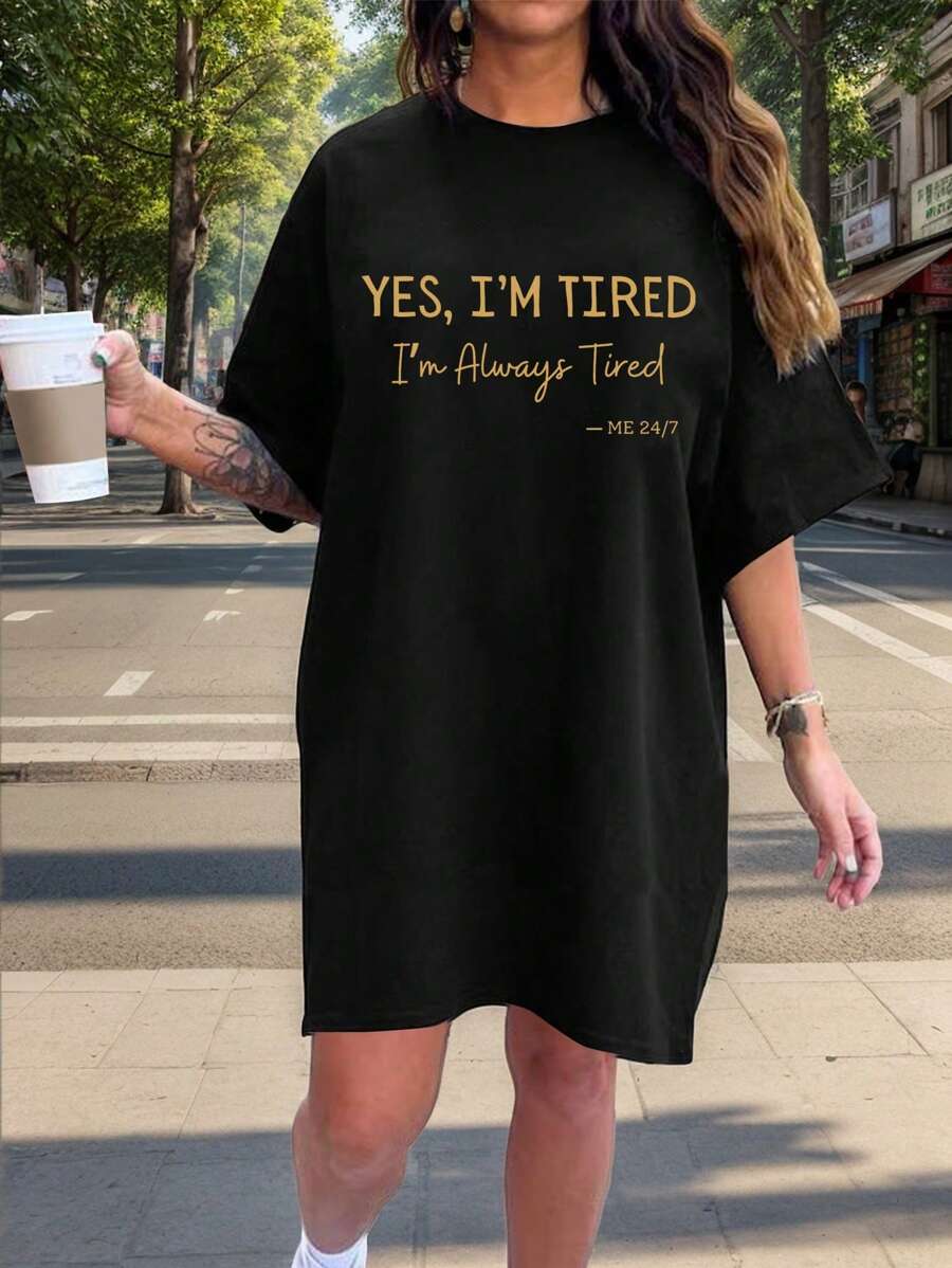 SHEIN LUNE 大码女式字母印花休闲时尚 T 恤连衣裙，夏季黑色 - 黑色 - 查看 1