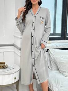 Cartoon Bear Letter Embroidered Pocket Long Sleeve Maternity Nightgown, For Fall, Winter