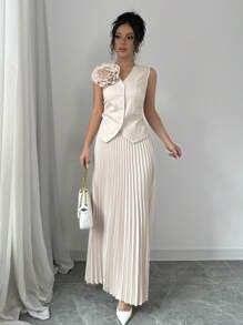 Chiquease 2pcs Women's Fall 3D Flower Embellished Sleeveless Vest And A-Line Pleated Skirt Suit Set