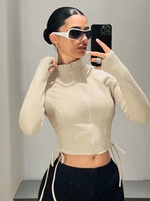 SHEIN ICON Casaco Cropped Slim Fit com Zíper de Manga Longa e Cor Sólida, Conjunto Casual Esportivo de Outono para Mulheres Estilo Y2k - Damasco - Visão 4