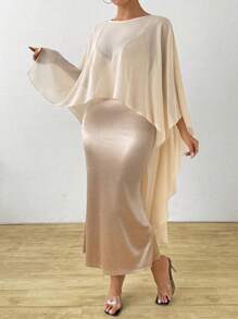 SHEIN Unity 2pcs/Set Plus Size Elegant Chiffon Cover Up And Slip Dress - Apricot - View 4