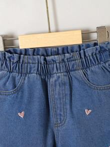 SHEIN Young Girls' Cute Sweet Rainbow Heart Print Casual Denim Jeans,Holiday,Summer,Travel - Dark Wash - View 3