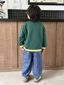SHEIN 2 piezas Conjunto informal de deportes para niño joven, calle universitaria fresca y linda con sudadera con gráficos de letras y números + pantalones, adecuado para uso diario, escuela, salidas, ejercicio, primavera y otoño
