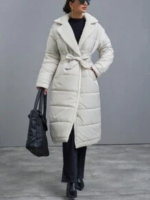 SHEIN Cottnline Puffer Jacket With Dropped Shoulder Line, Welt Pocket, Slot In The Side Seam And Snap Closure, Wide English Collar Made From Teddy Bear Fabric - Beige - View 4