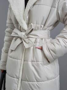 SHEIN Cottnline Puffer Jacket With Dropped Shoulder Line, Welt Pocket, Slot In The Side Seam And Snap Closure, Wide English Collar Made From Teddy Bear Fabric - Beige - View 9