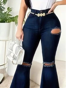 Women's Fashion Street Style Ripped Detail Button Decoration Flare Leg Jeans