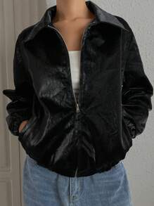 DAZY Women's Solid Color Simple Everyday Long Sleeve Faux Leather Jacket