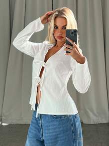 Aloruh 女士休闲棉麻深 V 领蝴蝶结前宽松长袖衬衫女士衬衫长袖衬衫白衬衫女士衬衫外出上衣工作女士衬衫秋季衬衫秋季女士衬衫白衬衫女士 - 白色 - 查看 5