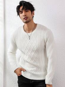 Manfinity Homme Men Solid Cable Knit Sweater - White - View 5