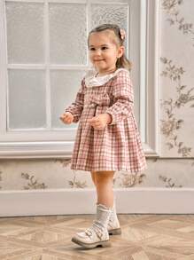 SHEIN Baby Girl Plaid Ruffle Hem Casual Dress For Spring And Autumn - Pink - View 6