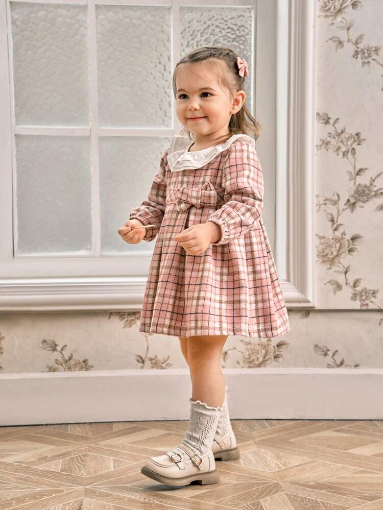 SHEIN Vestido casual con volantes en el dobladillo a cuadros para niña bebé para primavera y otoño - Rosa - Añade 6
