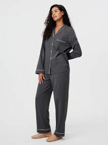 LUVLETTE 秋冬季柔软100%纯棉基本款长款披肩领睡衣套装，女士家居服套装，带口袋长裤，秋季睡衣 - 深灰色 - 查看 7