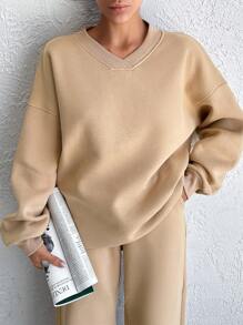 EURMUSE Cotton Solid Color Oversized Drop Shoulder Sweatshirt & Sweatpants Set - Beige - View 3