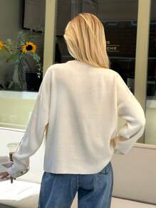 EURMUSE Woman Loose Fit Comfy Warm Rhinestones Detailed Sweater - Beige - View 2