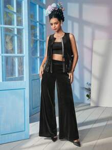 ISELACOS Frida Kahlo X SHEIN X Designer Quần ống rộng cạp cao bằng nhung đen in ruy băng logo, ngày lễ, lễ tạ ơn, mùa xuân, lễ hội - màu đen - Xem 7
