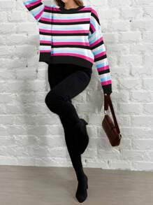 SHEIN LUNE كنزة صوفية بياقة طاقم بأكمام طويلة مخططة باللونين للنساء