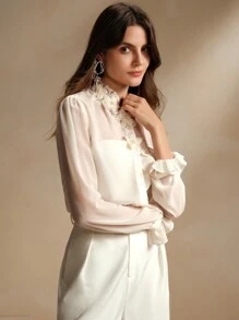 Anewsta 女士优雅手工花卉领装饰宽松轻便长袖衬衫，秋冬，长袖上衣 - 杏色 - 查看 4