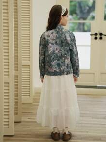 Girls' Floral All-Over Print Jacket, Countryside Style, Autumn - Blue - View 2