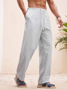 Manfinity VCAY 男士沙滩装夏季度假编织休闲冲浪海边沙滩宽松夏威夷条纹亚麻裤沙滩装 - 灰色 - 查看 4