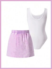 SHEIN Bộ áo liền quần cho bé gái Tween & Bộ váy tổng thể denim màu tím hồng có túi, thời trang và hợp thời trang - trắng - Xem 2