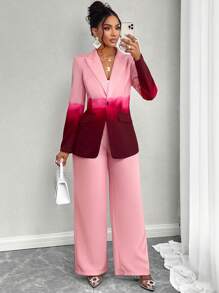 SOLERSUN 2pcs/Set Ombre Lapel Neck Single Button Blazer & Pants - Pink - View 1