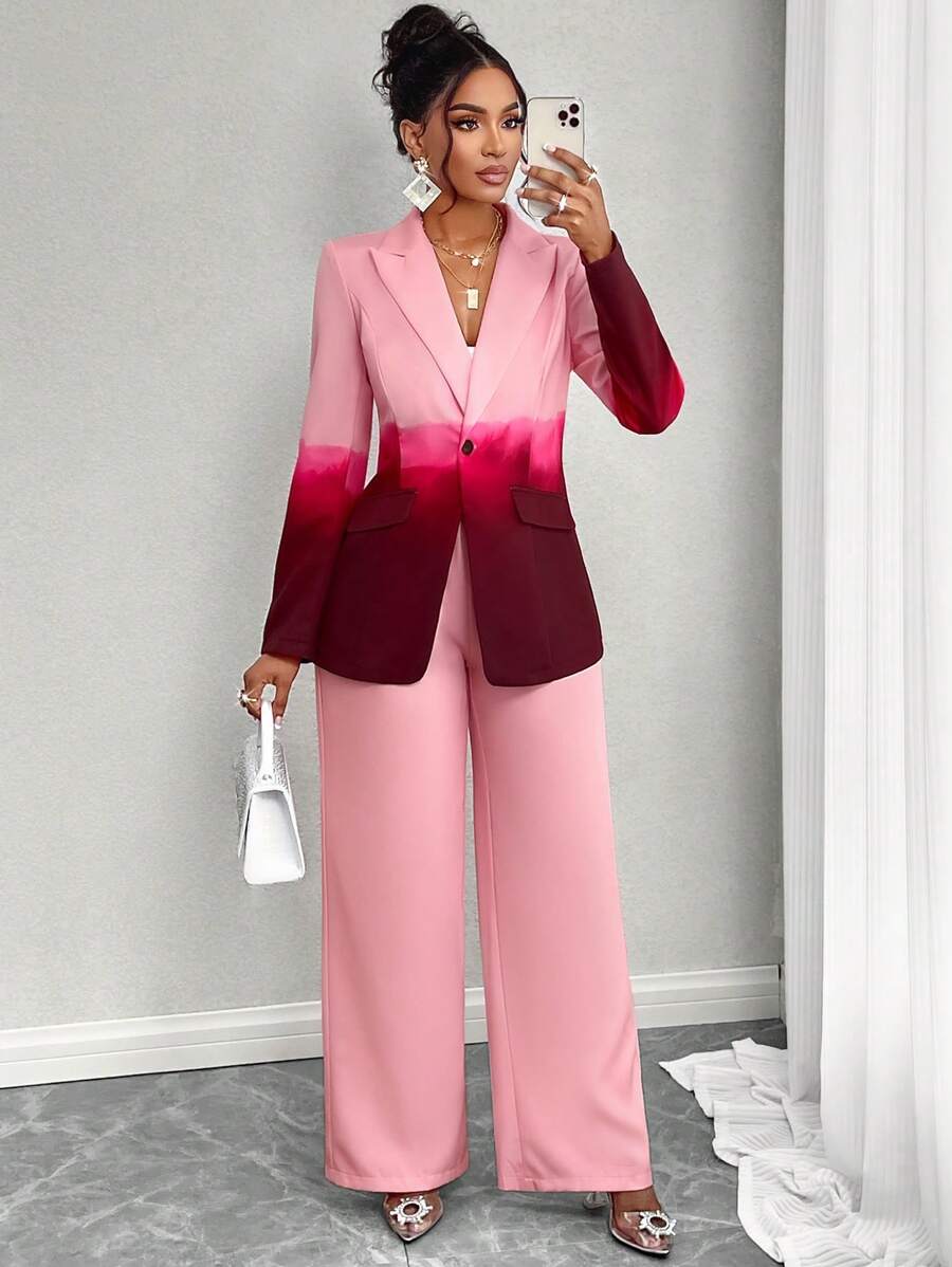 SOLERSUN 2pcs/Set Ombre Lapel Neck Single Button Blazer & Pants - Pink - View 1