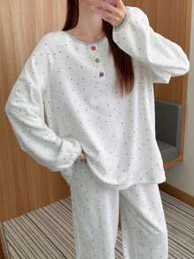DAZY Polka Dot Print Velour Fabric Colorful Button Decor Pajama Set