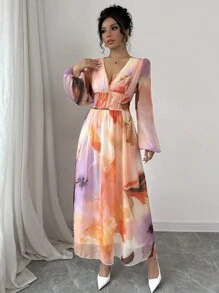 Chiquease Vestido de mujer con cuello en V profundo, cintura fruncida, manga farol y estampado floral - Multicolor - Ver 3