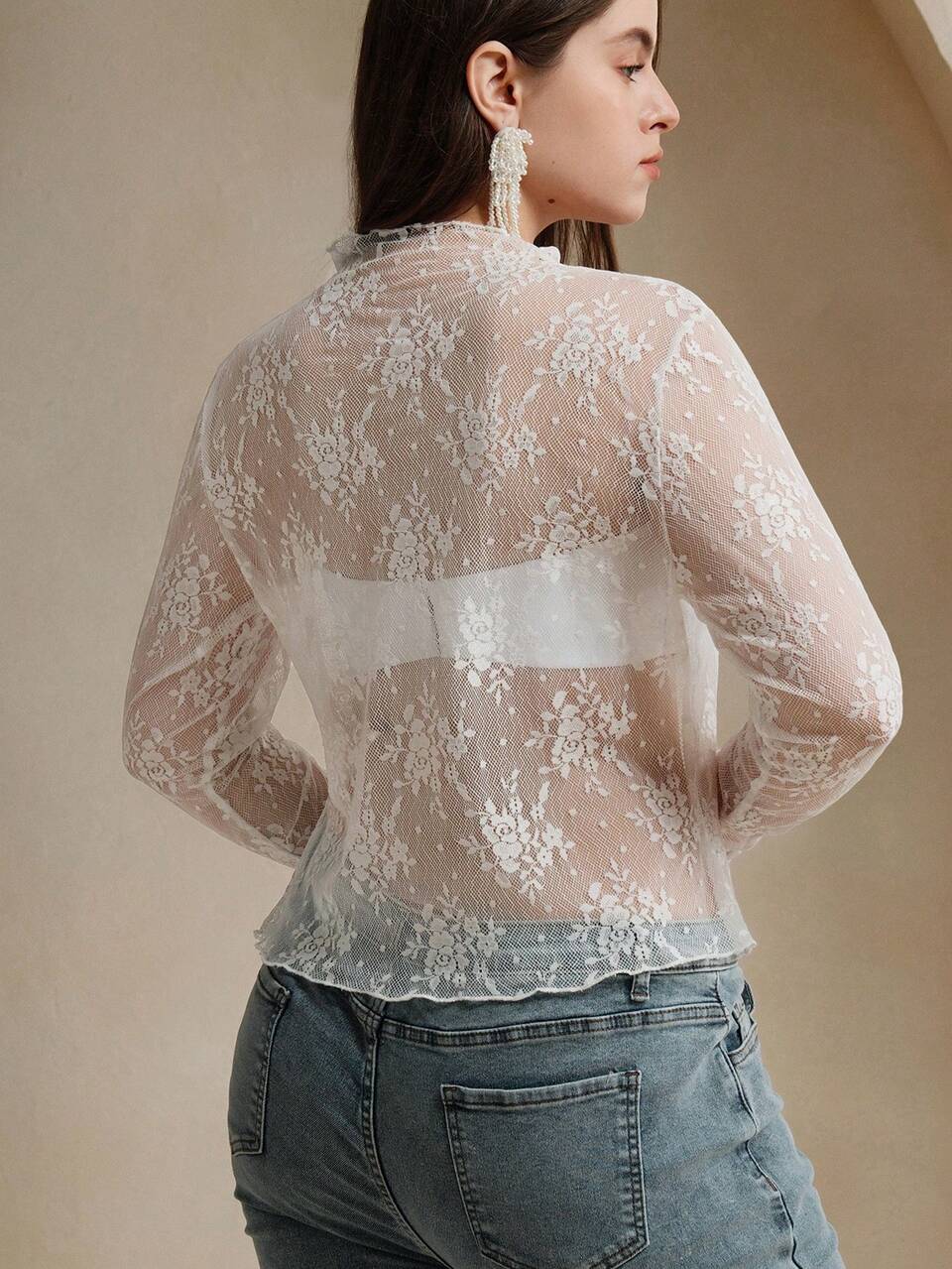 Plus Size Sexy See-Through Lace Long Sleeve Blouse For Holiday Party Clothes Fall