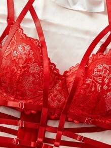 SHEIN 性感护士服，包括短款上衣、荷叶边内裤、头饰和过膝长袜，女士内衣套装，万圣节 - 紅色 - 查看 7