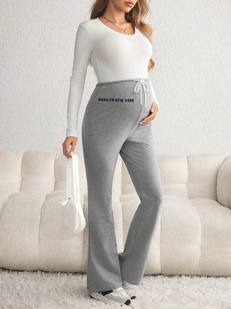SHEIN Maternity Loose Pants For Fall & Winter, Flared Leg Pregnancy Trousers For Tall Women, Wide Leg Sports Pants, Back To School Pants, Teachers Pants - Light Grey - View 6