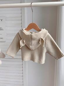 SHEIN Nouveau-né Bébé Garçon/Fille Beige Automne Hiver Vintage Texturé Capuche Cardigan Avec Design Oreille 3D, Décontracté Et Chaud, Adapté Pour Une Utilisation En Intérieur Et Extérieur