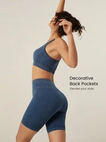 GLOWMODE 7'' Seamless Soft Comfy Tummy Control Shorts Low Impact Yoga Pilates Daily - Blue - View 4