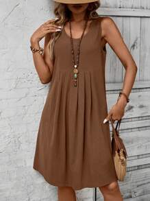 EMERY ROSE Váy không tay xếp ly họa tiết hoa giản dị dành cho nữ, mùa hè - màu nâu - Xem 7