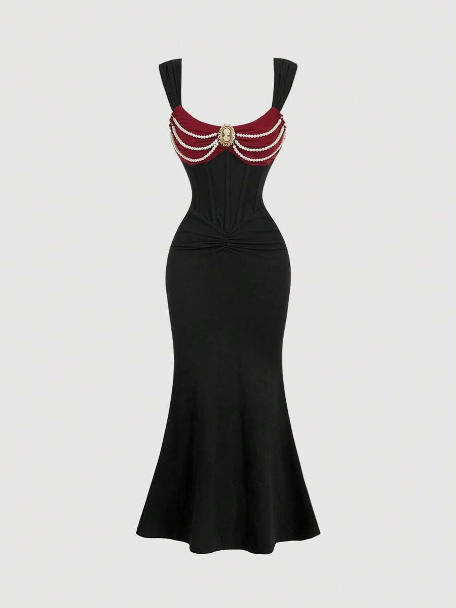 SHEIN MOD 女士复古珍珠链黑色鱼尾连衣裙，秋冬长裙，美人鱼长裙，黑色返校节礼服，女士连衣裙，优雅女士连衣裙，返校节礼服，连衣裙 - 黑色 - 查看 1