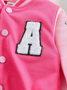 3pcs Baby Girl Ribbed Top, Printed Pants, Embroidered Bomber Jacket Outfit Set - Multicolor - View 3