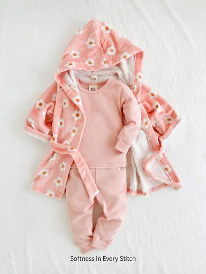 Cozy Pixies Bebek Kız Ditsy Çiçekli Kapşonlu Kemerli Ön Açık Pijama Sabahlığı, Kışlık Giysiler