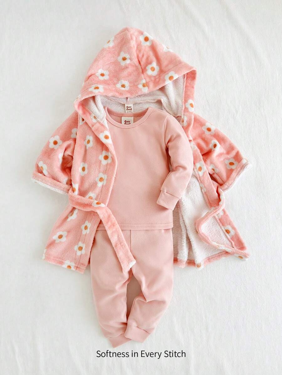 Cozy Pixies 女婴碎花连帽系带前开式睡衣长袍，冬季衣服 - 彩色 - 查看 1