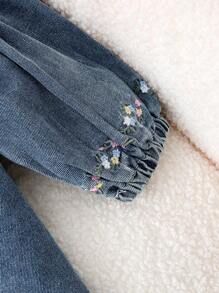 Genkimix Kids Baby Girl Cute Floral Embroidered Loose Comfortable Denim Dress With Ruffle Hem Design - Medium Wash - View 4