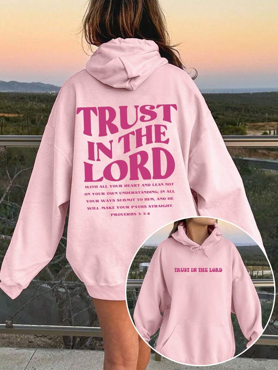 INAWLY 女士休闲宽松标语印花落肩连帽衫，春秋季长袖上衣，适合毕业季、返校季、教师节等场合，返校季套头衫秋季卫衣 - 粉色 - 查看 1