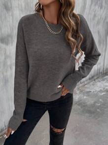 EMERY ROSE Sweater Pullover Lengan Panjang Kerah Bulat Warna Polos, Pakaian Kasual Sehari-hari, Atasan Lengan Panjang, Pullover Rajut Musim Gugur Musim Dingin - Dark Grey - View 6