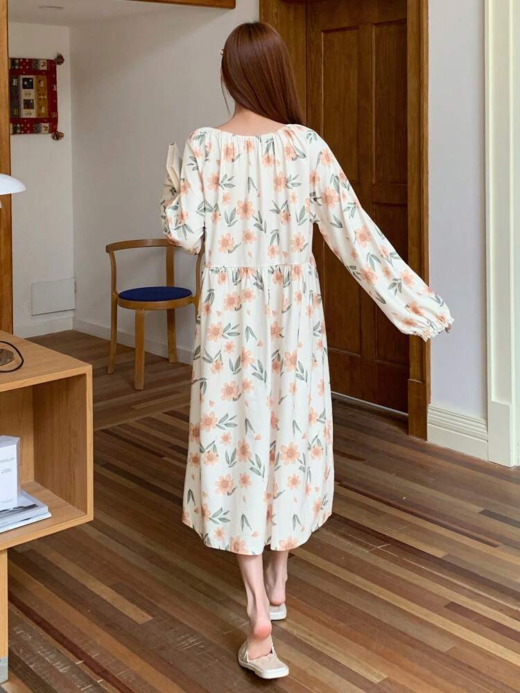 Floral Allover Print Sweet Square Collar Frilled Hem Nightgown Pajama