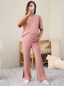 SHEIN 2pcs Maternity Elegant Commuting Elastic Waist Crew Neck Loose Fit Set - Pink - View 5
