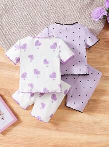 SHEIN 4 件套女宝宝休闲荷叶边袖卡通图案阻燃家居短裤套装，夏季 - 淡紫色 - 查看 2