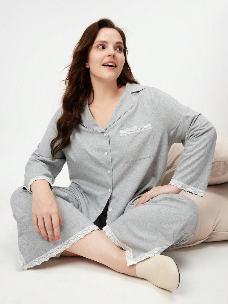 Conjunto de Pijama Feminino Plus Size Macio 100% Algodão Puro para Outono e Inverno, Conjunto de Pijama Longo com Renda, Conjunto de Loungewear, Roupa Íntima, Pijamas de Algodão
