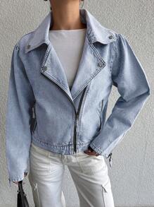 EURMUSE Women's Motorcycle Style Denim Jacket - Blue - View 4